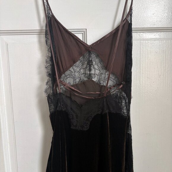 Jen Ceballos x Mango Dress Brown Velvet Black Lace Trim Maxi Long Wedding Guest - Picture 12 of 16